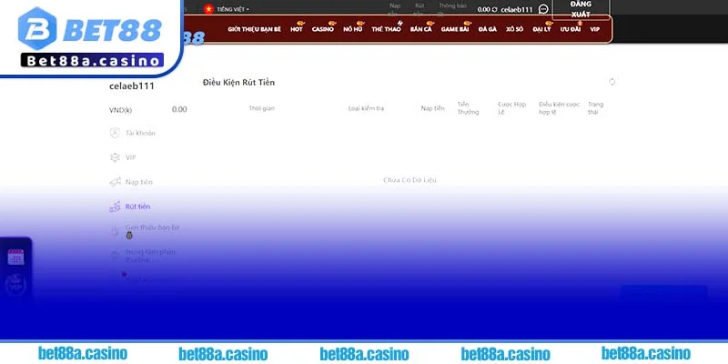Giao diện tài khoản Bet88 với nút “Rút Tiền” nổi bật, hỗ trợ người chơi rút tiền Bet88 nhanh chóng.