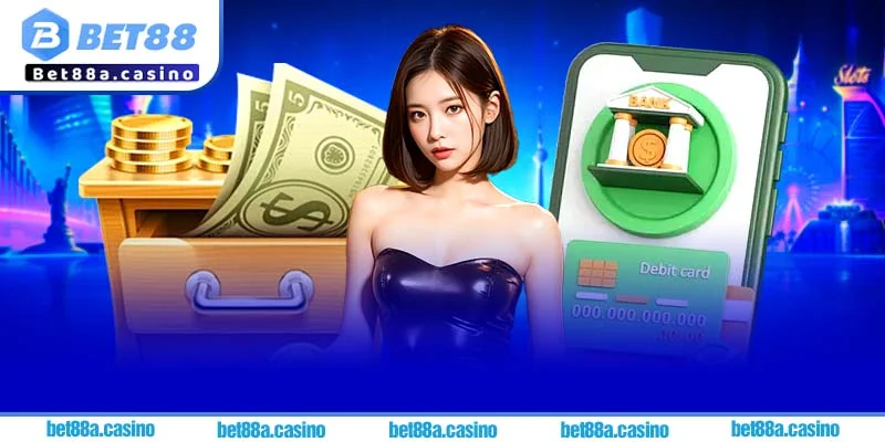 Danh sách phương thức nạp tiền Bet88, với các tùy chọn ngân hàng, ví điện tử và thẻ tín dụng.