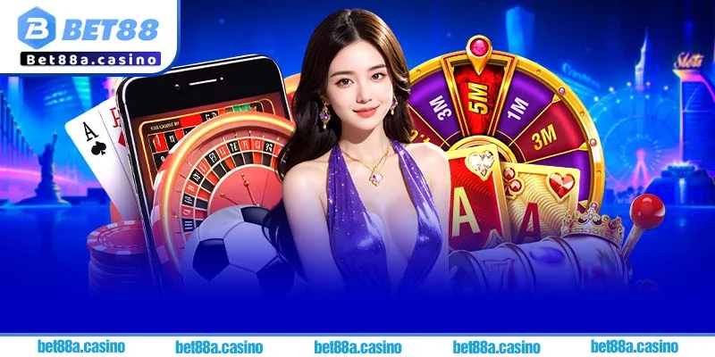 Giao diện sảnh cá cược Bet88 sau khi truy cập link Bet88 không bị chặn, với các tùy chọn thể thao, casino và slot.