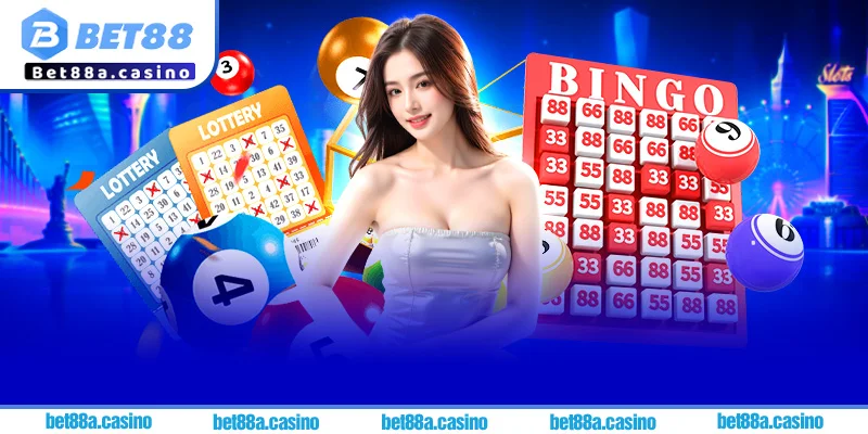 Giao diện sảnh Xổ số Bet88 với lô đề, Keno, và xổ số siêu tốc được thiết kế trực quan.