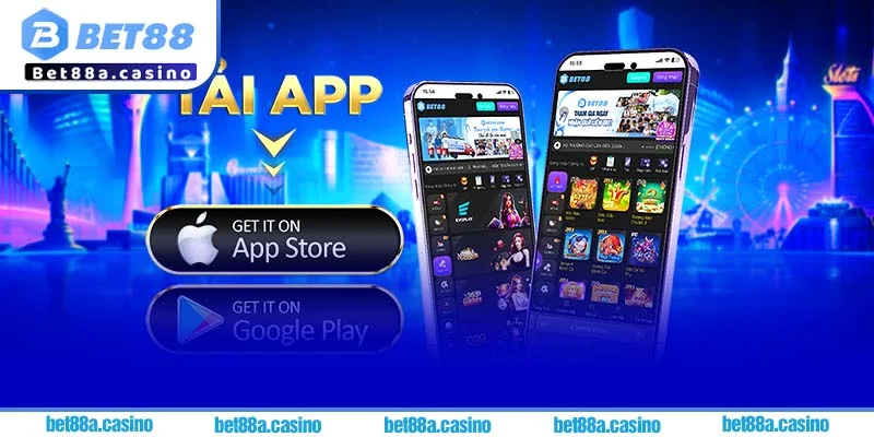 Giao diện tải ứng dụng Bet88 trên website, với link tải app Bet88 cho iOS và Android.